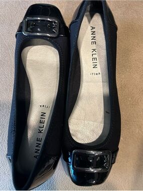 Anne Klein Black Patent Buckle Square-Toe Flats